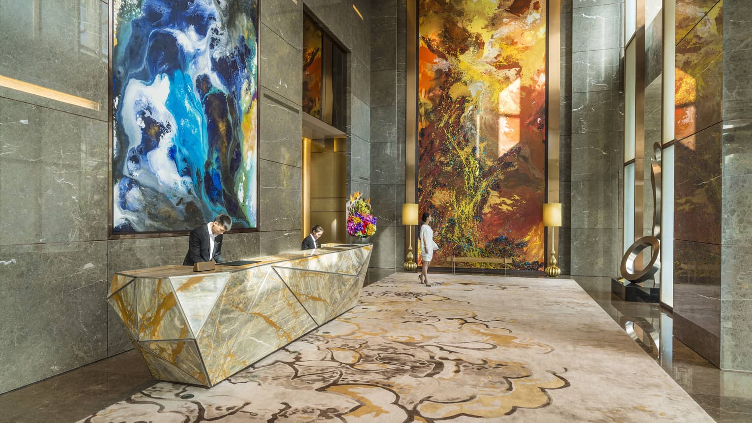 The colourfully designed lower lobby