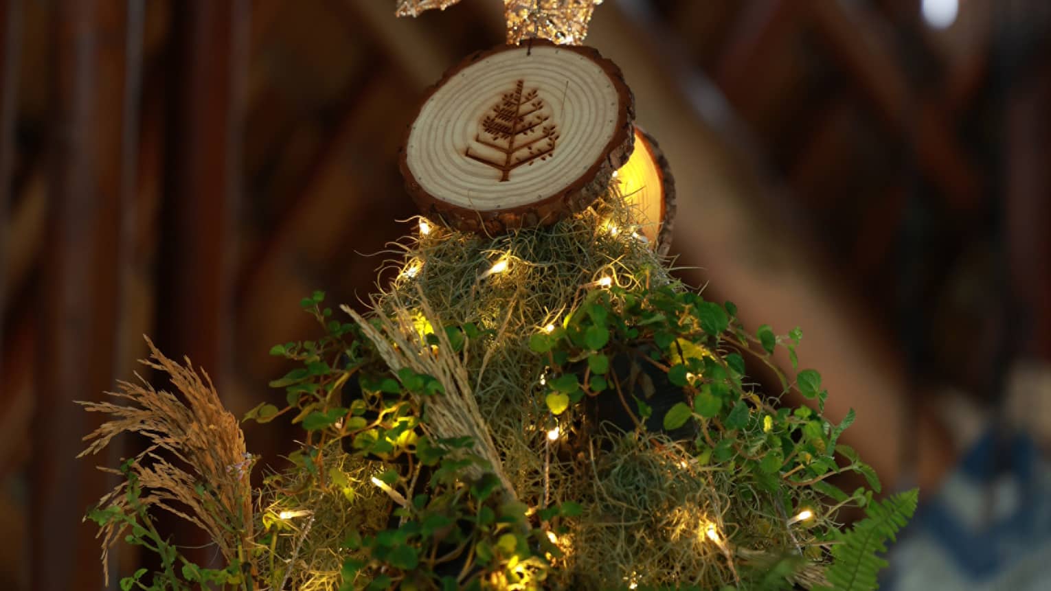 Top of Christmas tree with gold string lights and matching tree topper