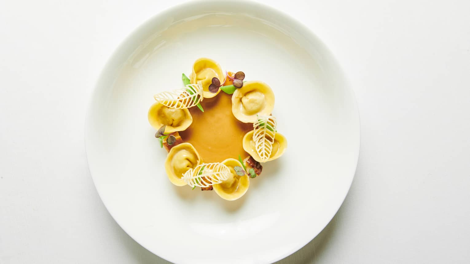 Six tortellini arranged in a circle with orange sauce in the centre and small green leaves and flowers in between, all on a white plate