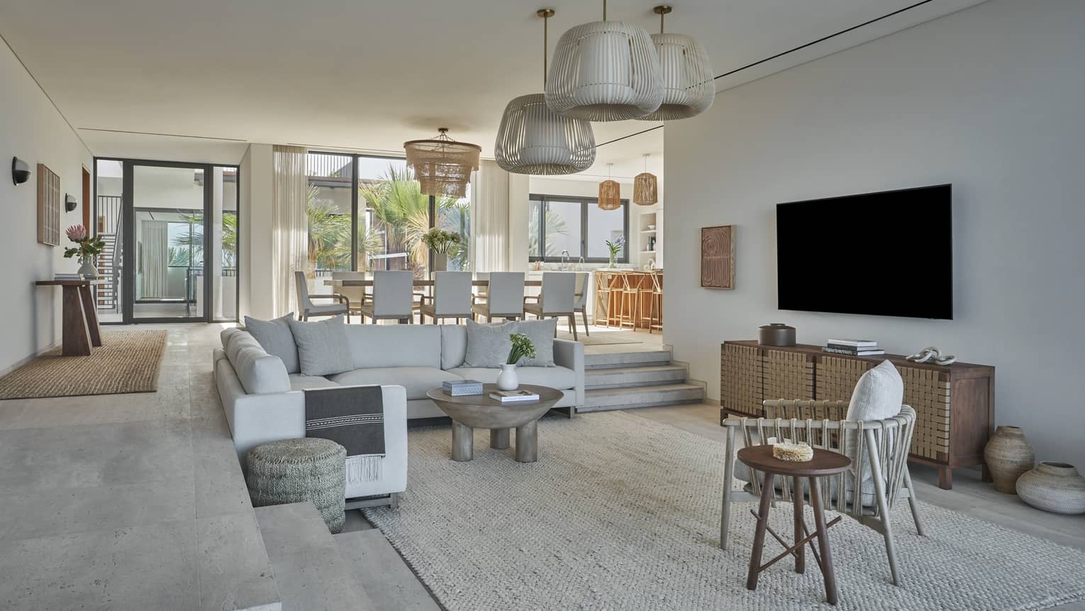 Large contemporary living room of private six-bedroom villa at Four Seasons Resort and Residences Los Cabos