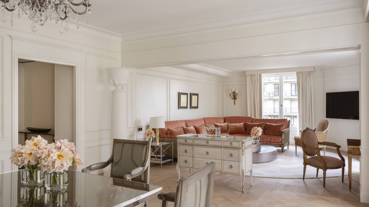 French living room and dining room in Premier Suite at Four Seasons Hotel George V, Paris