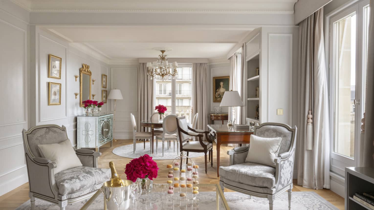Elegant French living room of Grand Premier Suite at Four Seasons Hotel George V, Paris