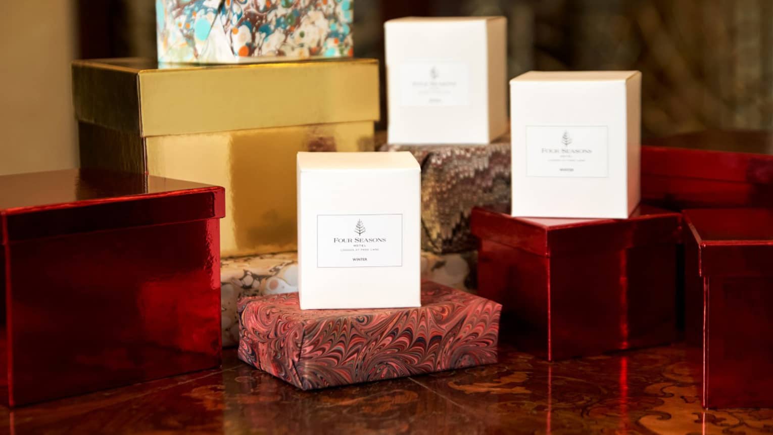 Four Seasons gift boxes and wrapped gifts at London Christmas hotel,Four Seasons gift boxes and wrapped gifts at London Christmas hotel.,Four Seasons gift boxes and wrapped gifts at London Christmas hotel.
