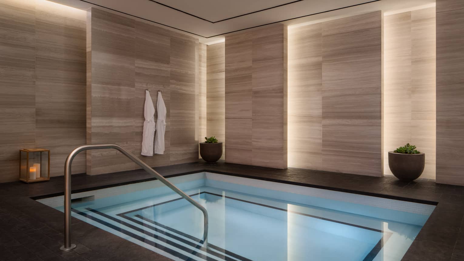 Small rectangular indoor hot tub with potted plants, two white bathrooms hanging on hooks