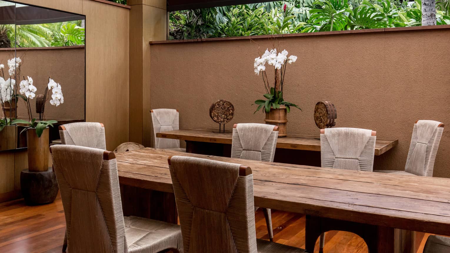 Open-air dining area at dusk