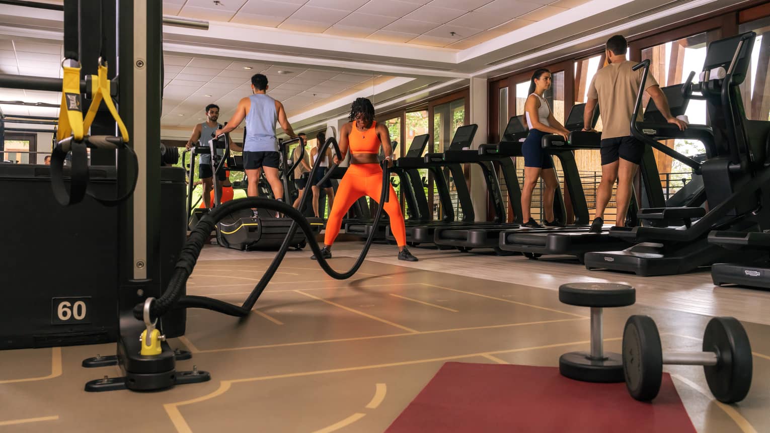 Five people workout in a resort fitness centre that features a row of treadmills and a variety of strength equipment
