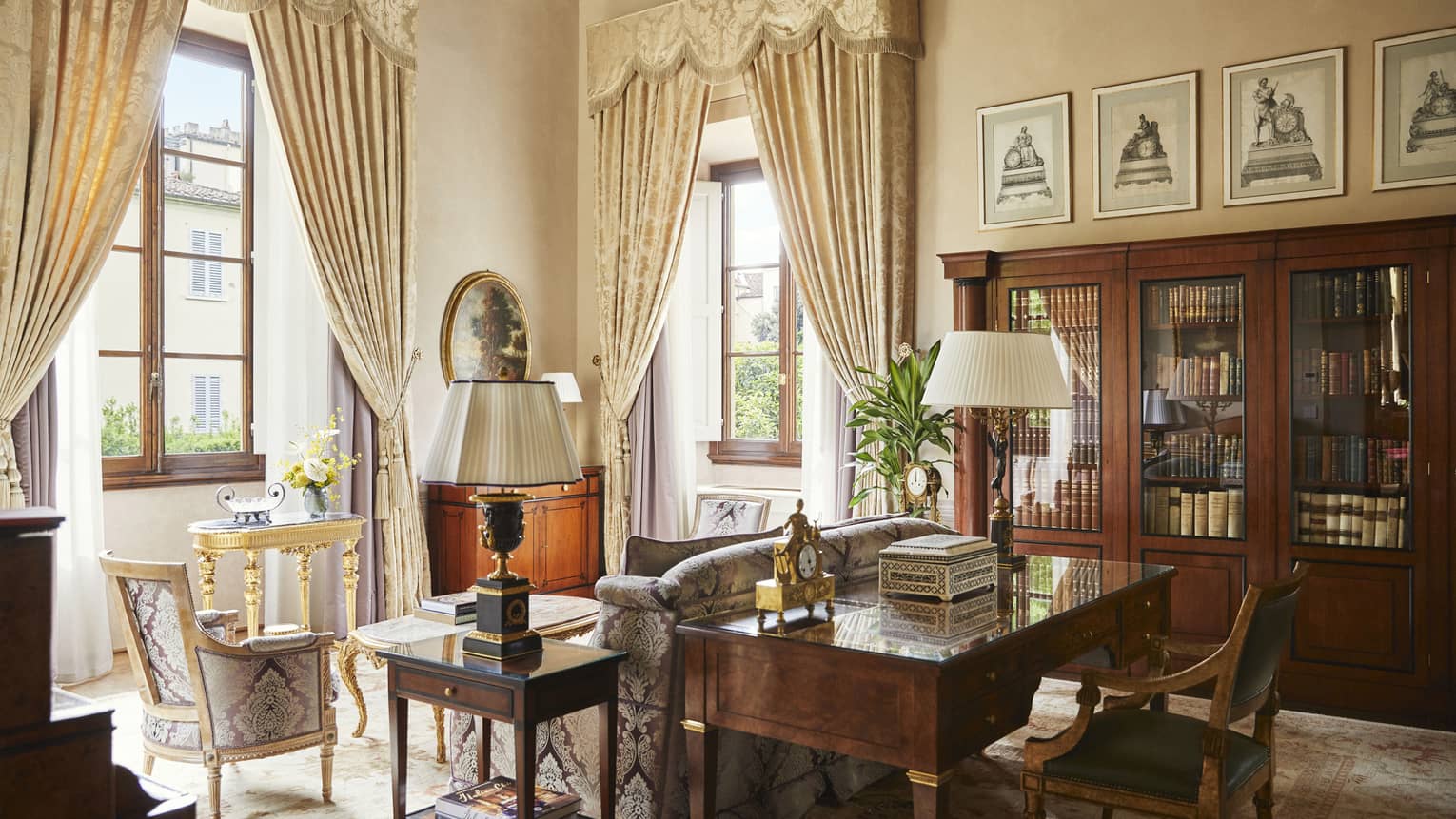 Royal Suite office with sitting area and gold window drapes, Four Seasons Hotel Florence