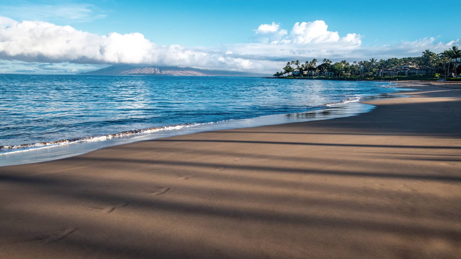 A beach shore with blue waters and a bright sky.