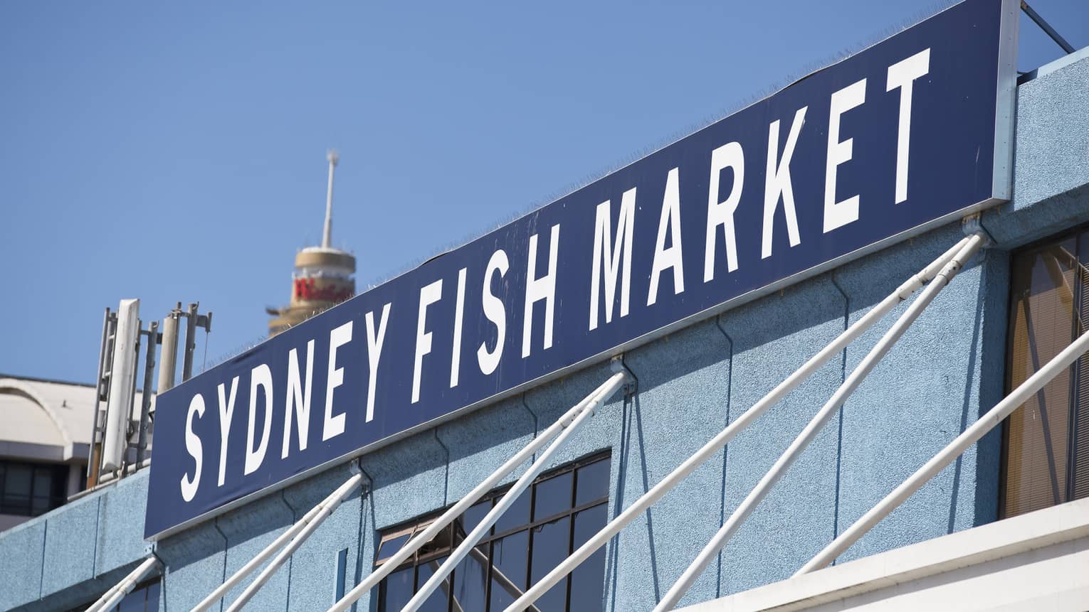 Close-up of a dark blue sign reading "Sydney Fish Market," hung at the top of a building and seen against a blue sky.