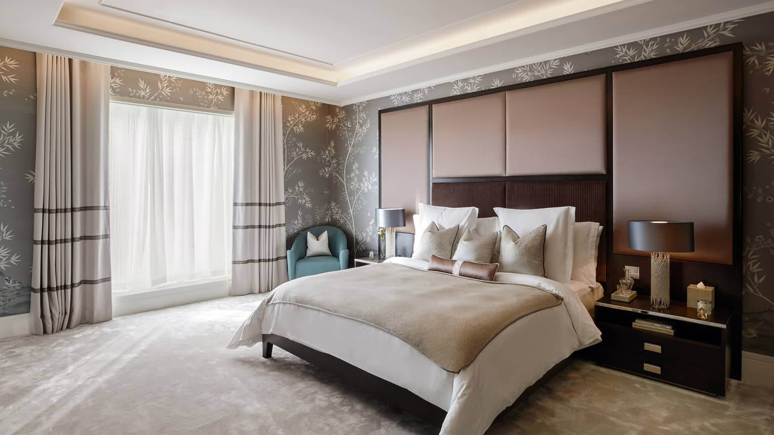 Bedroom with king bed and large headboard, Penthouse Suite at Four Seasons Hotel London at Ten Trinity Square