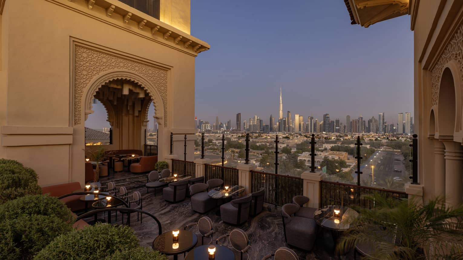 Dubai hotel rooftop lounge with Dubai skyline view