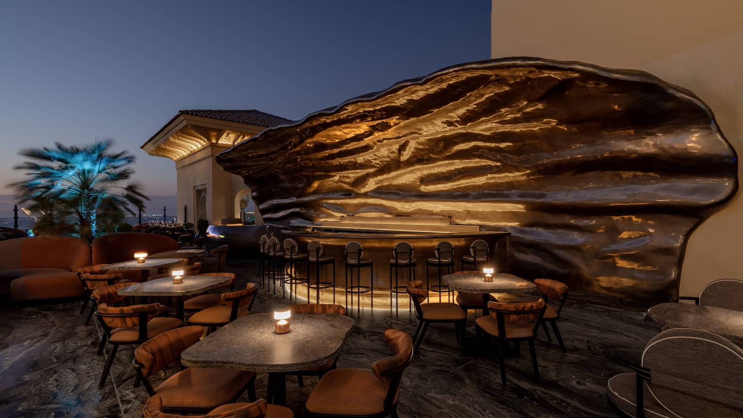 Modern shell-like bar on a rooftop lounge in Dubai