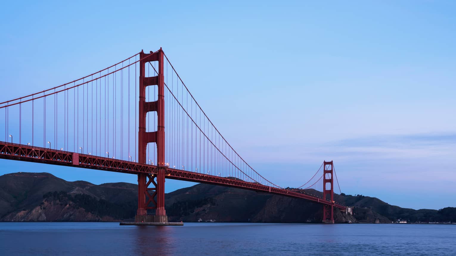 Expansive view of the Golden Gate Bridge at dusk