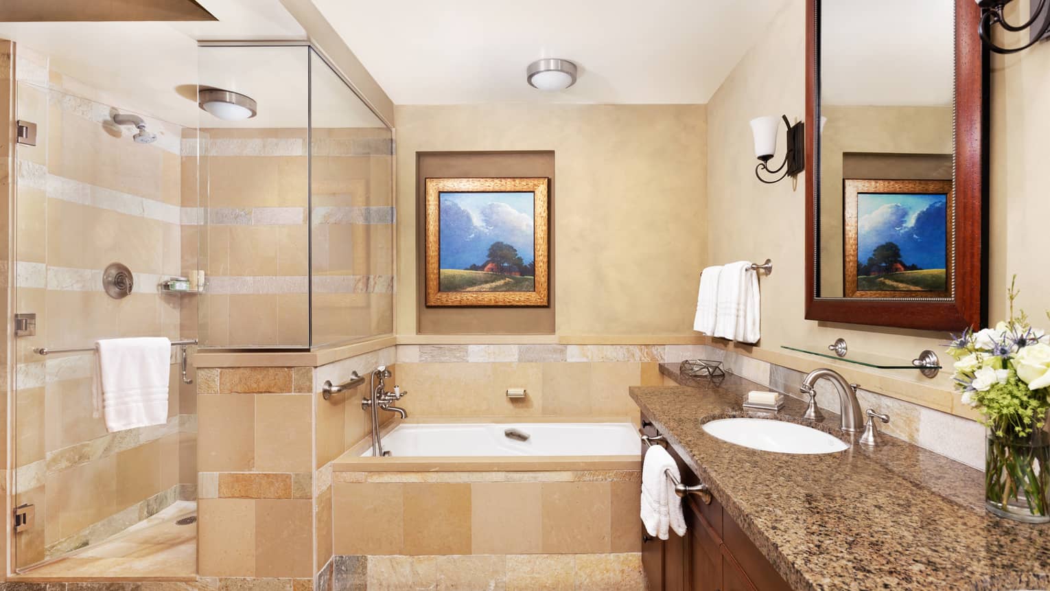 Bathroom with a beige tiled shower, soaking tub with landscape artwork above, granite countertop and a mirror with wood accents above the sink