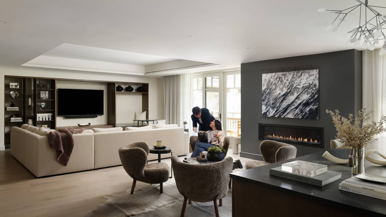 Stylish great room with built-in fireplace, sitting area, large sectional sofa, Lover's Leap at Four Seasons Resort and Residences Vail