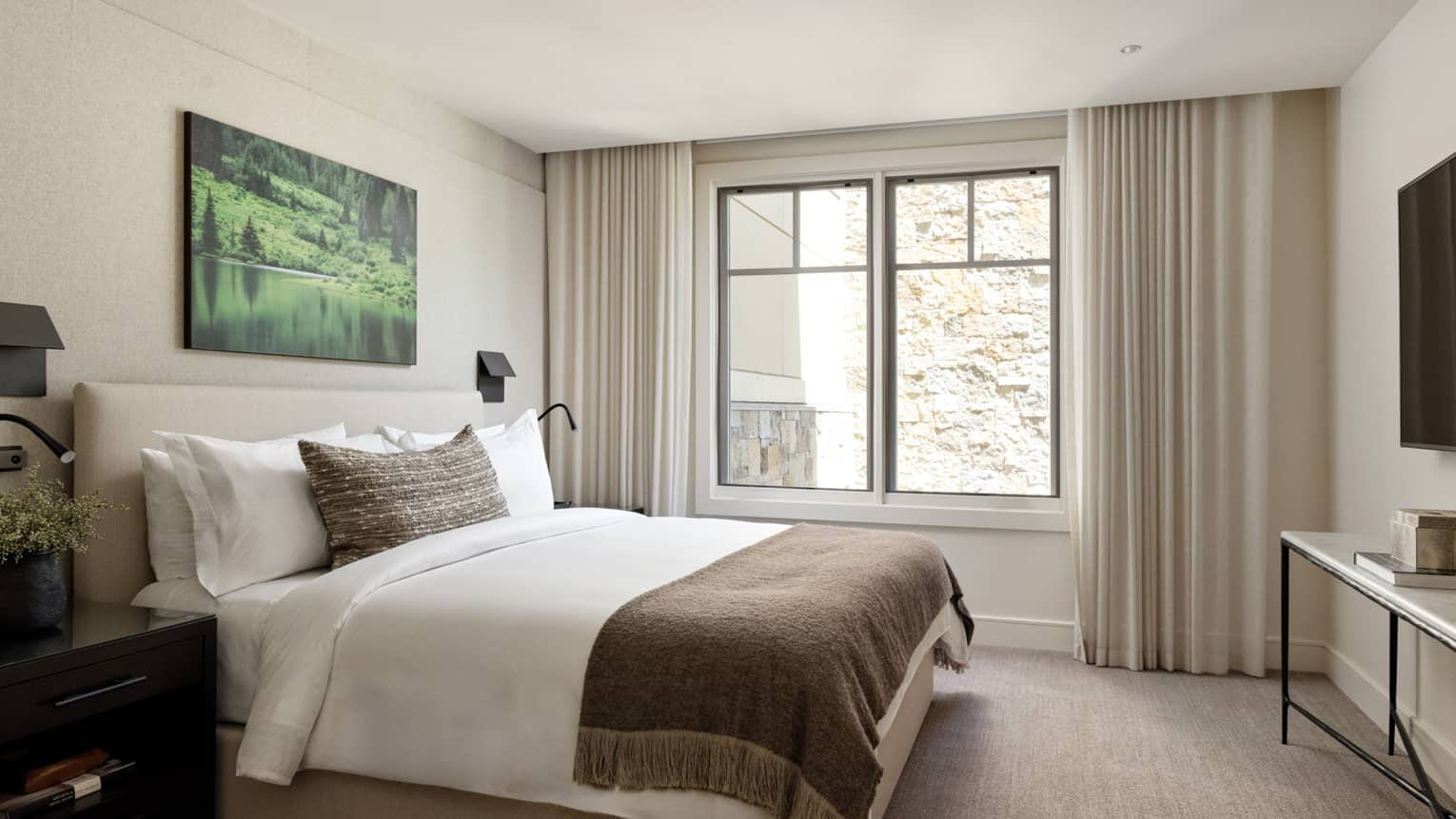 Mountain-chic bedroom with king bed and window, Lover's Leap private residence at Four Seasons Resort and Residences Vail