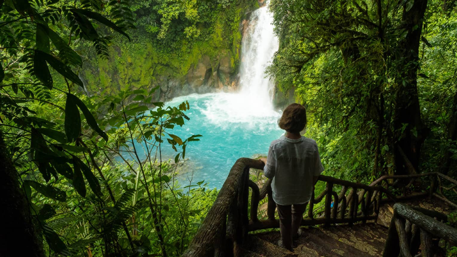Person stands on a wooden staircase in the jungle overlooking a waterfall pouring into a bright blue lagoon