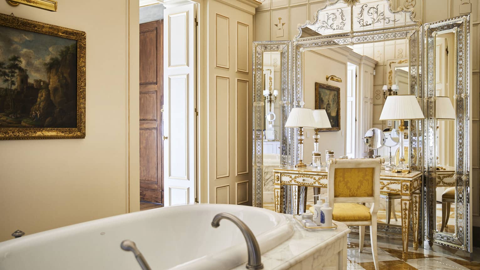 Elegant Royal Suite bathroom with makeup vanity and tub, at Four Seasons Hotel Florence