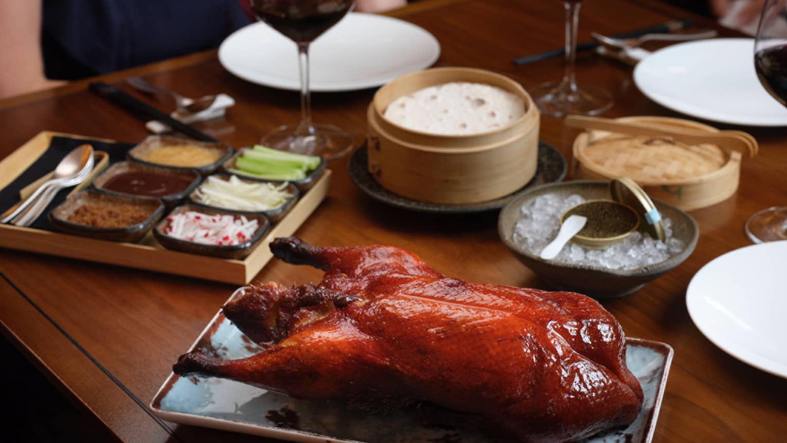 Roasted duck on a table.