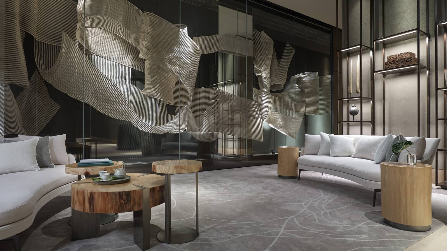 Jean-Michel Gathy's artwork made of natural thin ropes and clear synthetic lines at the entrance to five private spa treatment rooms