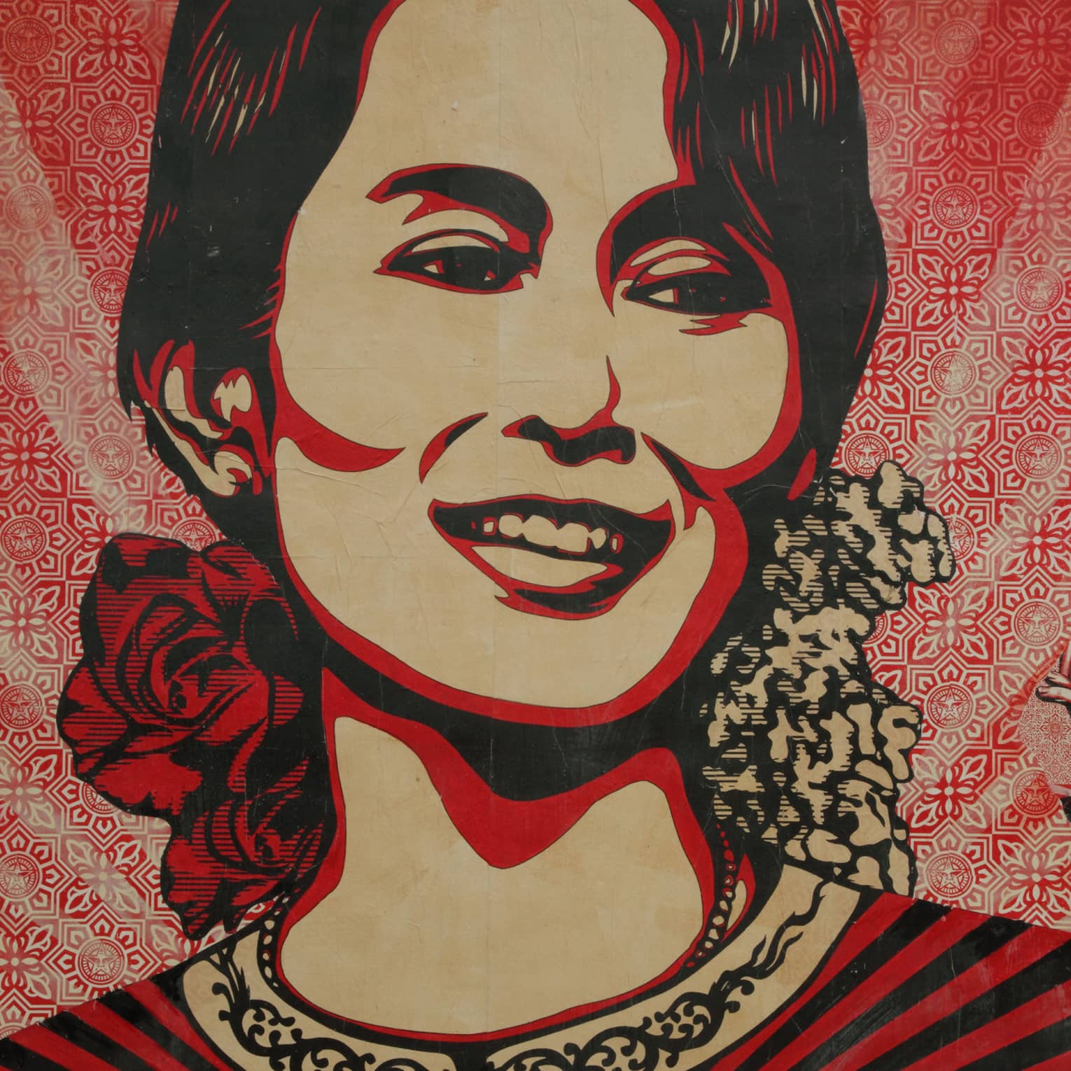 A print by Shepard Fairey of Aung San Suu Kyi, a Burmese politician, diplomat, author and a 1991 Nobel Peace Prize laureate.