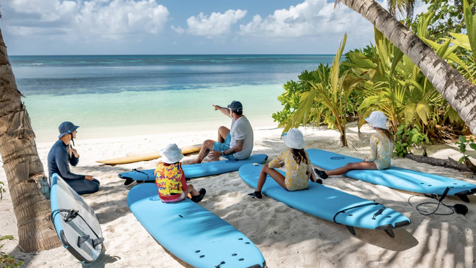 Children sit on surfboards under the shade of palm trees at the beach. One of their two instructors point at the clear water.