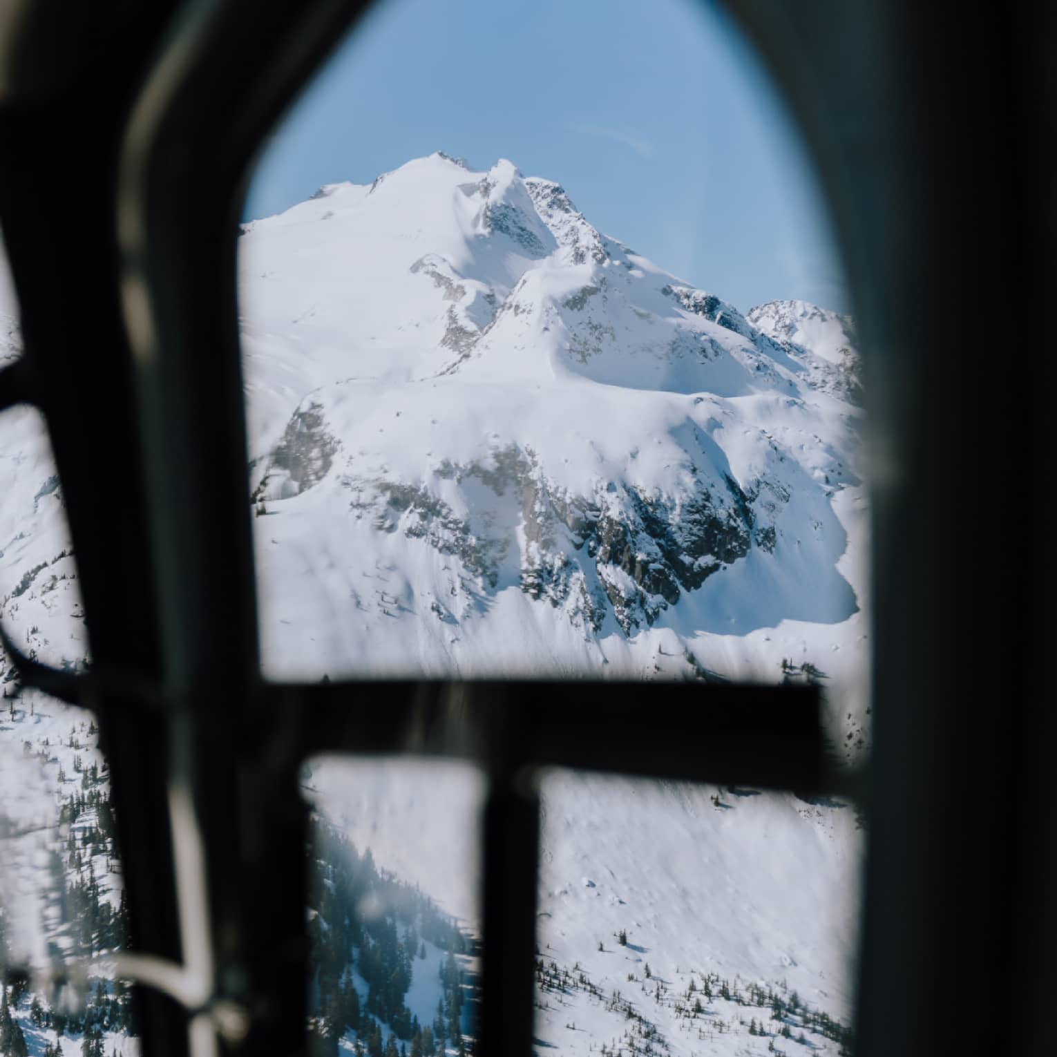 An aerial view through an airplane window of a mountain covered in snow with sporadic clumps of trees around the base.