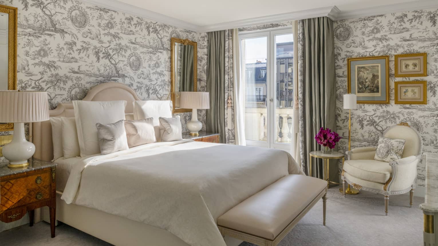 Grand Premier Suite bedroom with French wallpaper and king bed at Four Seasons Hotel George V, Paris
