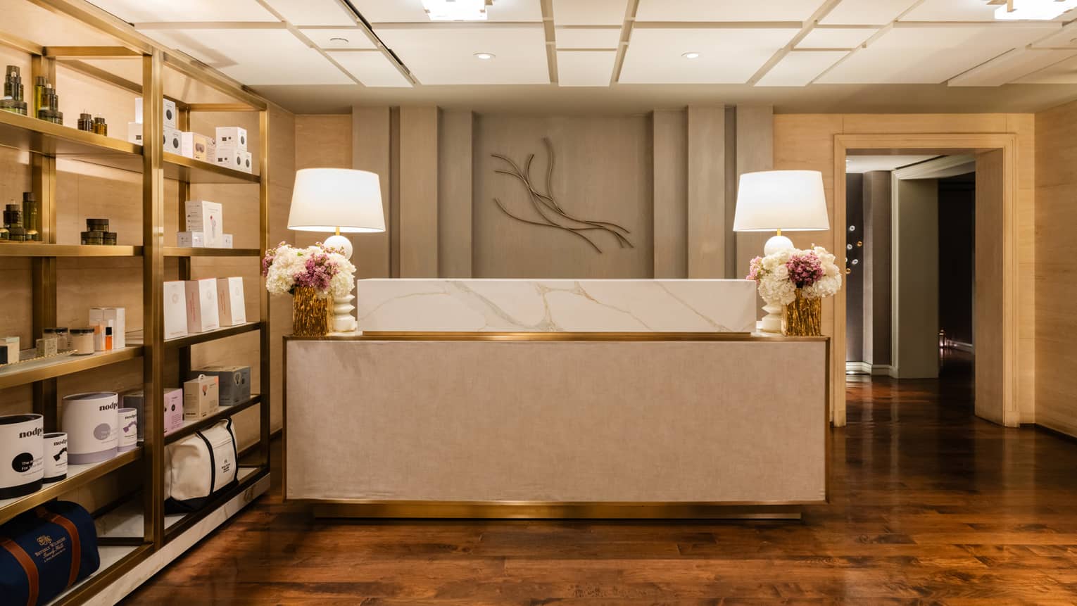 Spa front desk with two bouquets of flowers