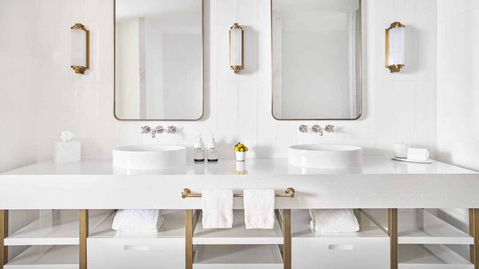 Bathroom with white double vanity and two mirrors