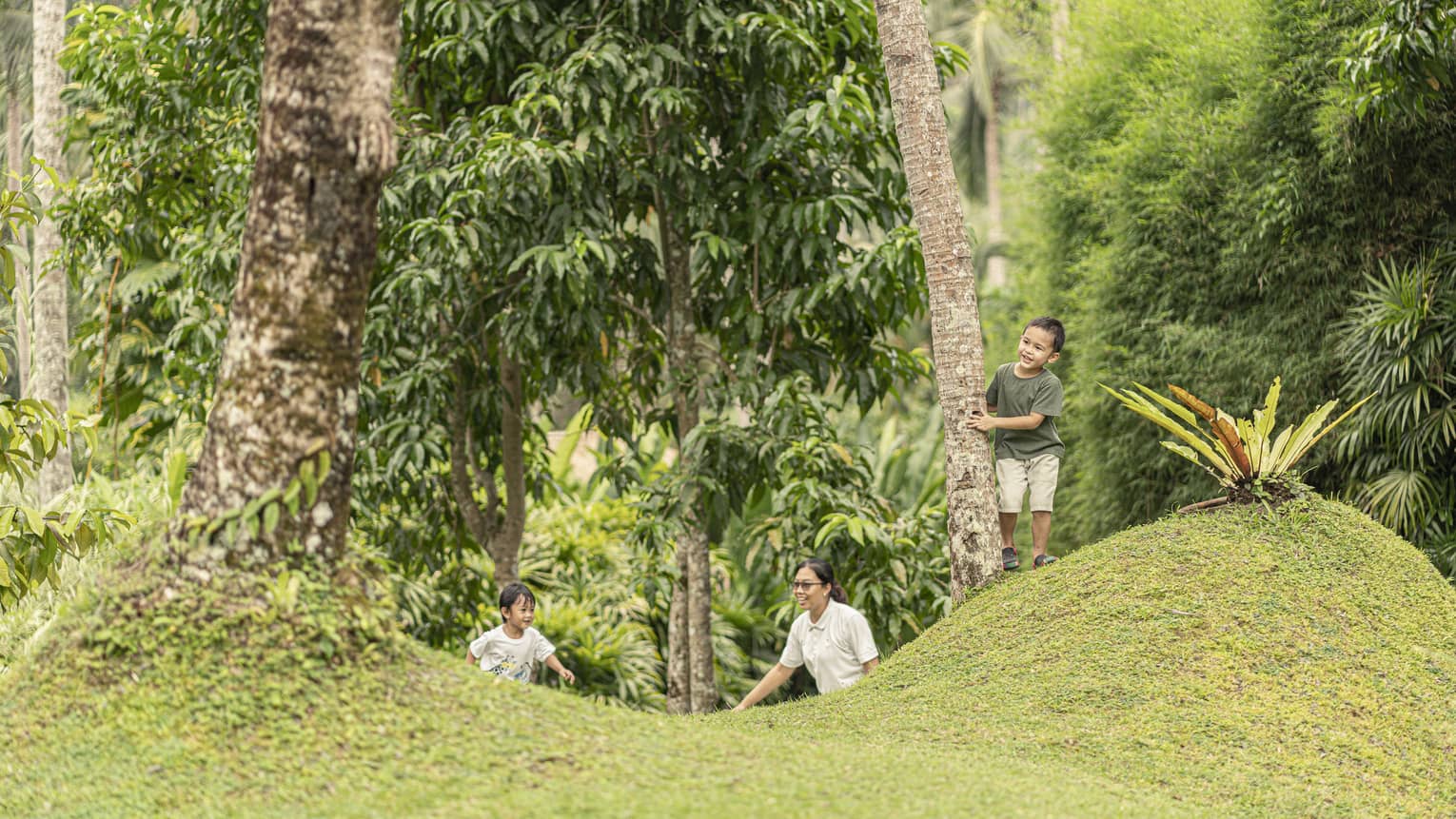 Two small children watched by an adult run and play among palm tress in grass-covered hills.