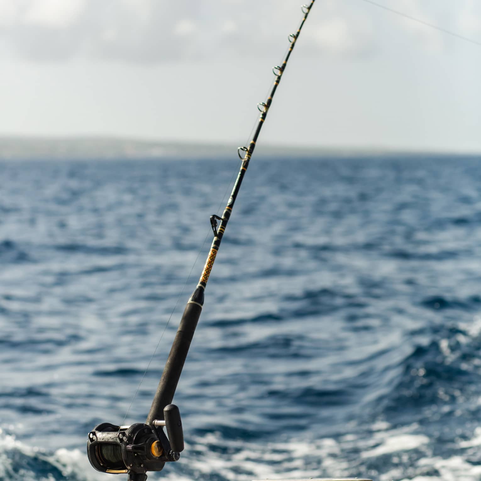 Close-up of a fishing rod secured in a holder at the back corner of a boat on an expanse of wavy water under pale blue sky.