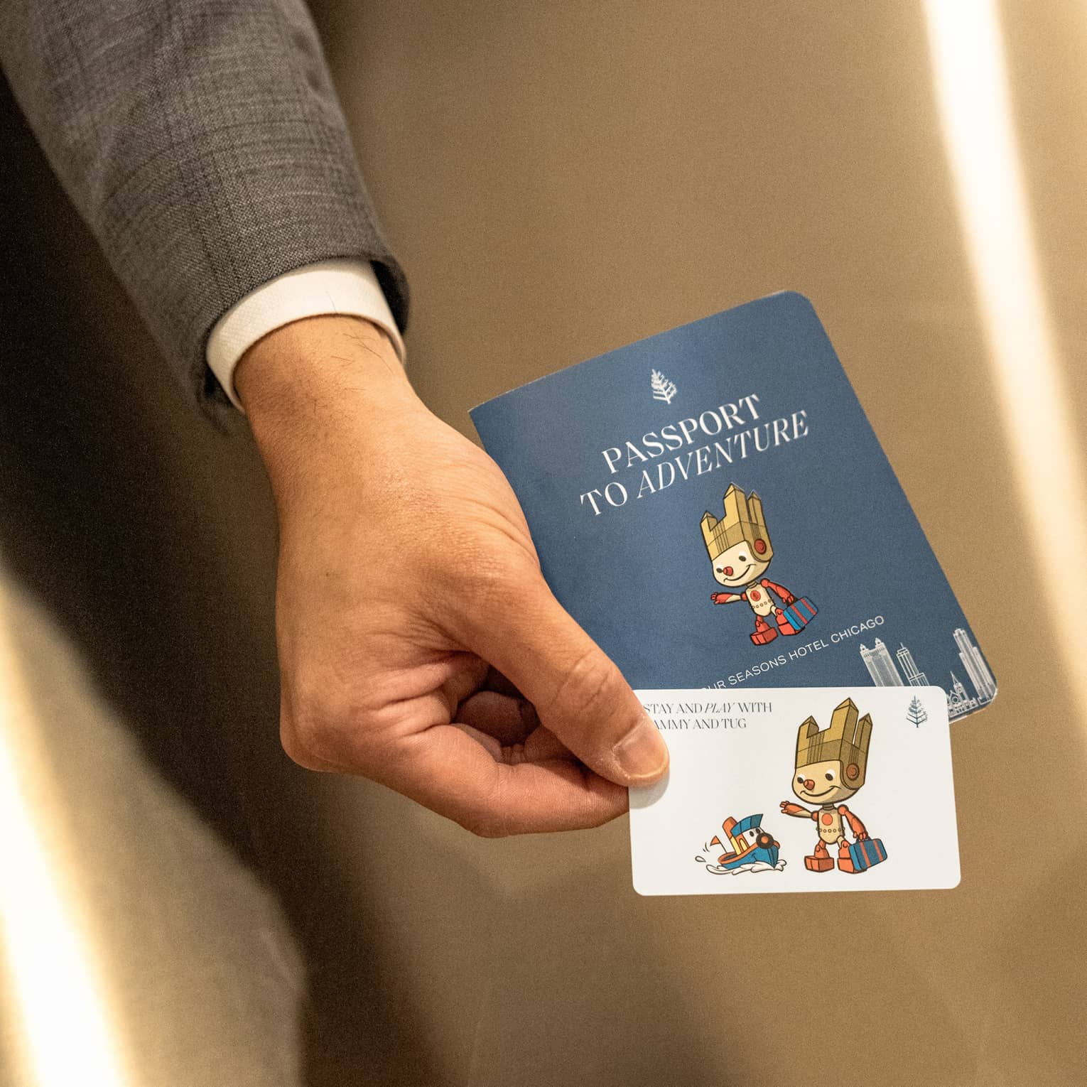 Person holding a passport and card.