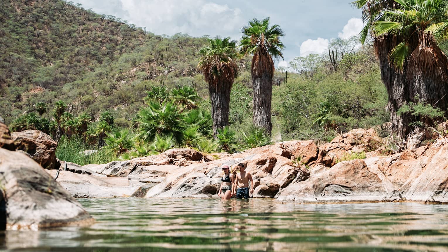 Two hikers wade into a rippling stream amid low rock formations surrounded by hairy palm trees and lush mountains.