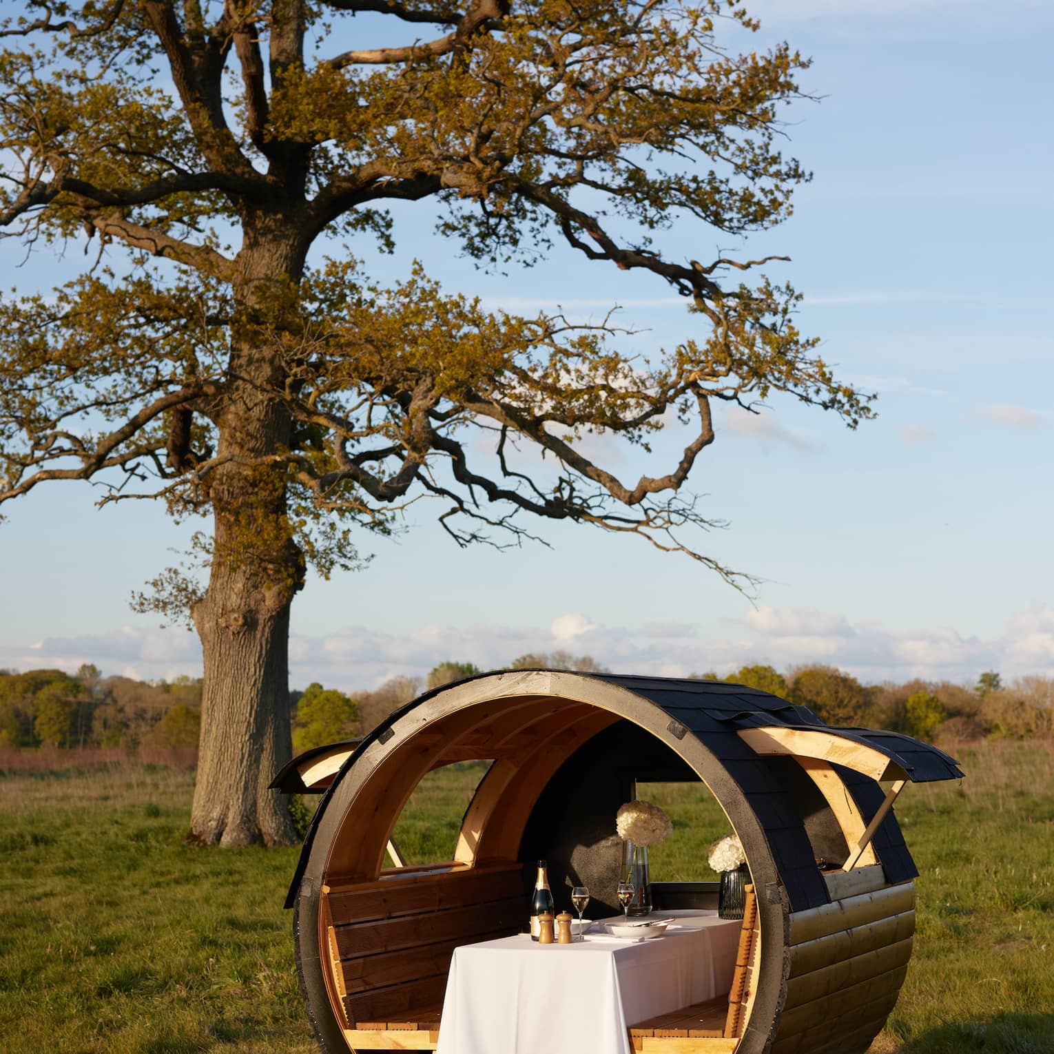 Circular wooden dining pod set up on meadow near tall tree