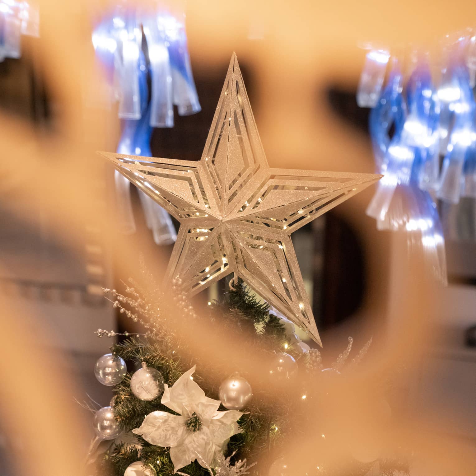A silver star tops a Christmas tree