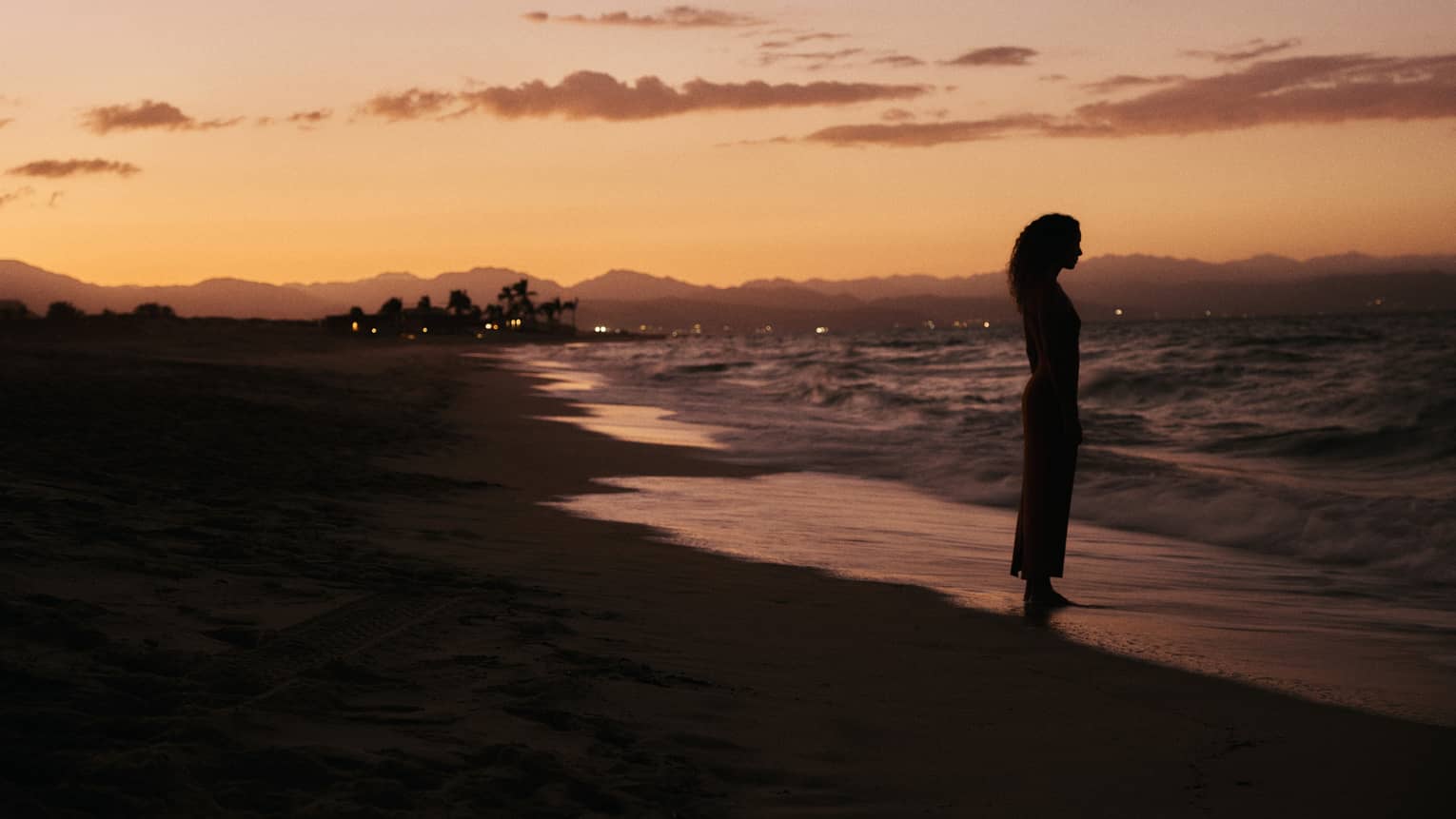 A person stands on a beach, at water's edge, at sunset.