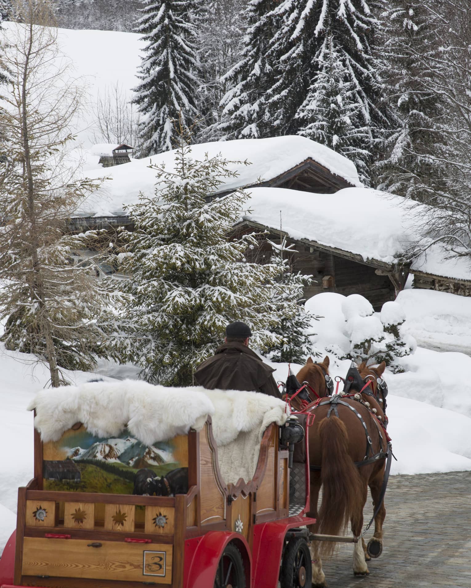 Rear view of a painted horse-drawn carriage piled with furs travelling towards a cabin through a snowy, evergreen forest.