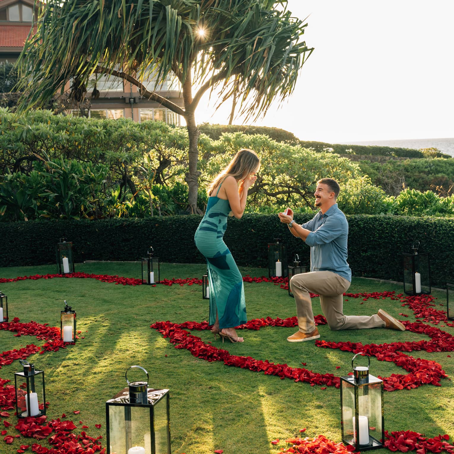 A partner proposing to significant other on one knee surrounded by rose petals and lanterns in a garden setting