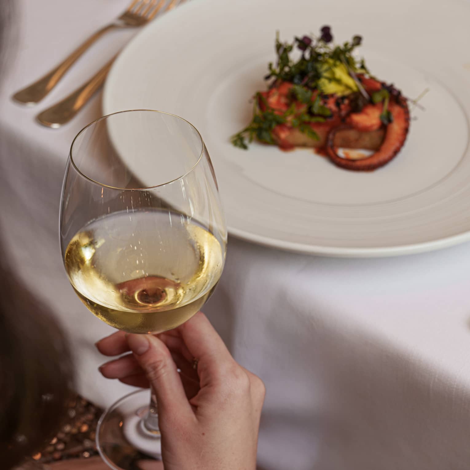 Hand holds a glass of white wine in front of a white dinner plate