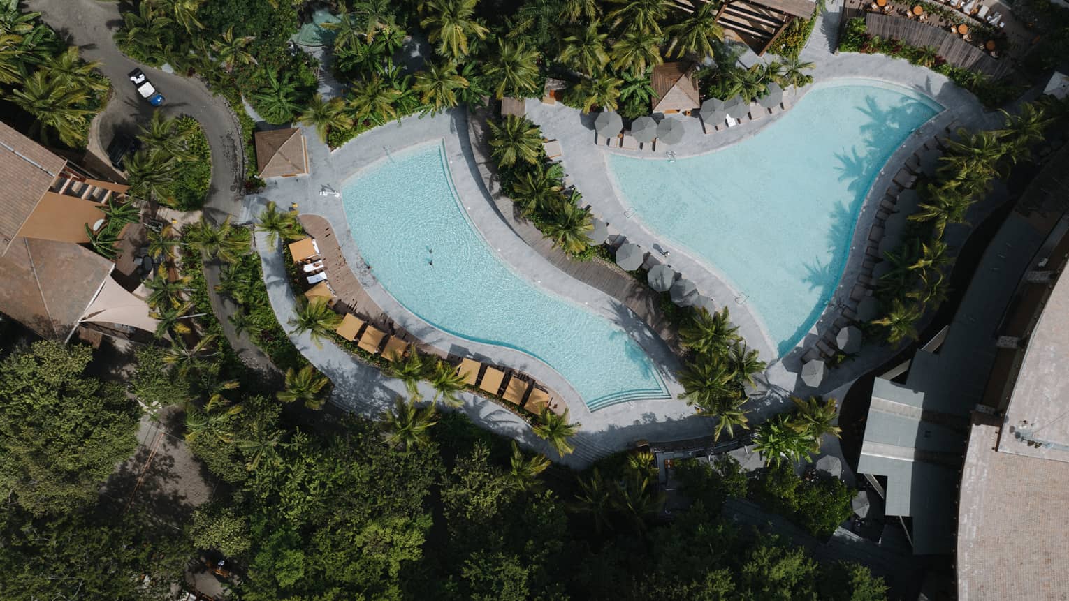 Aerial view of two resort pools separated by a line of trees and umbrellas