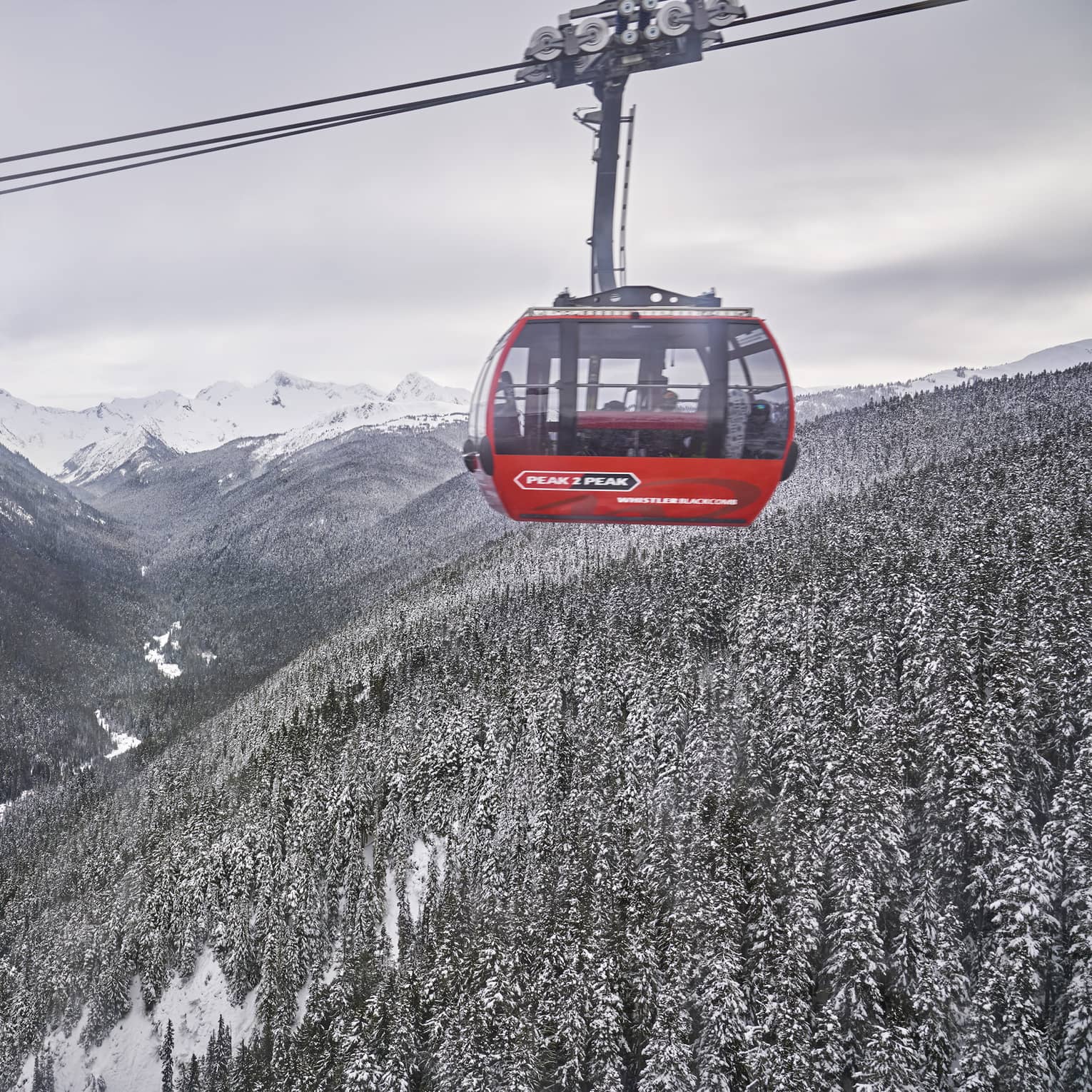 A bright red cable car suspended over a snow-covered mountain valley with trees below and snowy peaks in the background