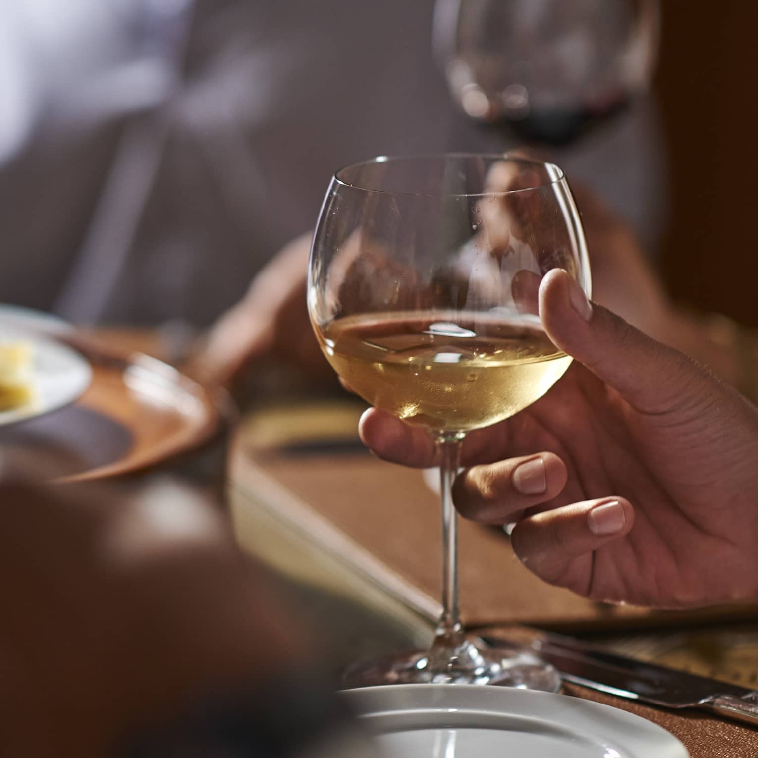 Close-up of hand holding wine glass by dinner plate on table