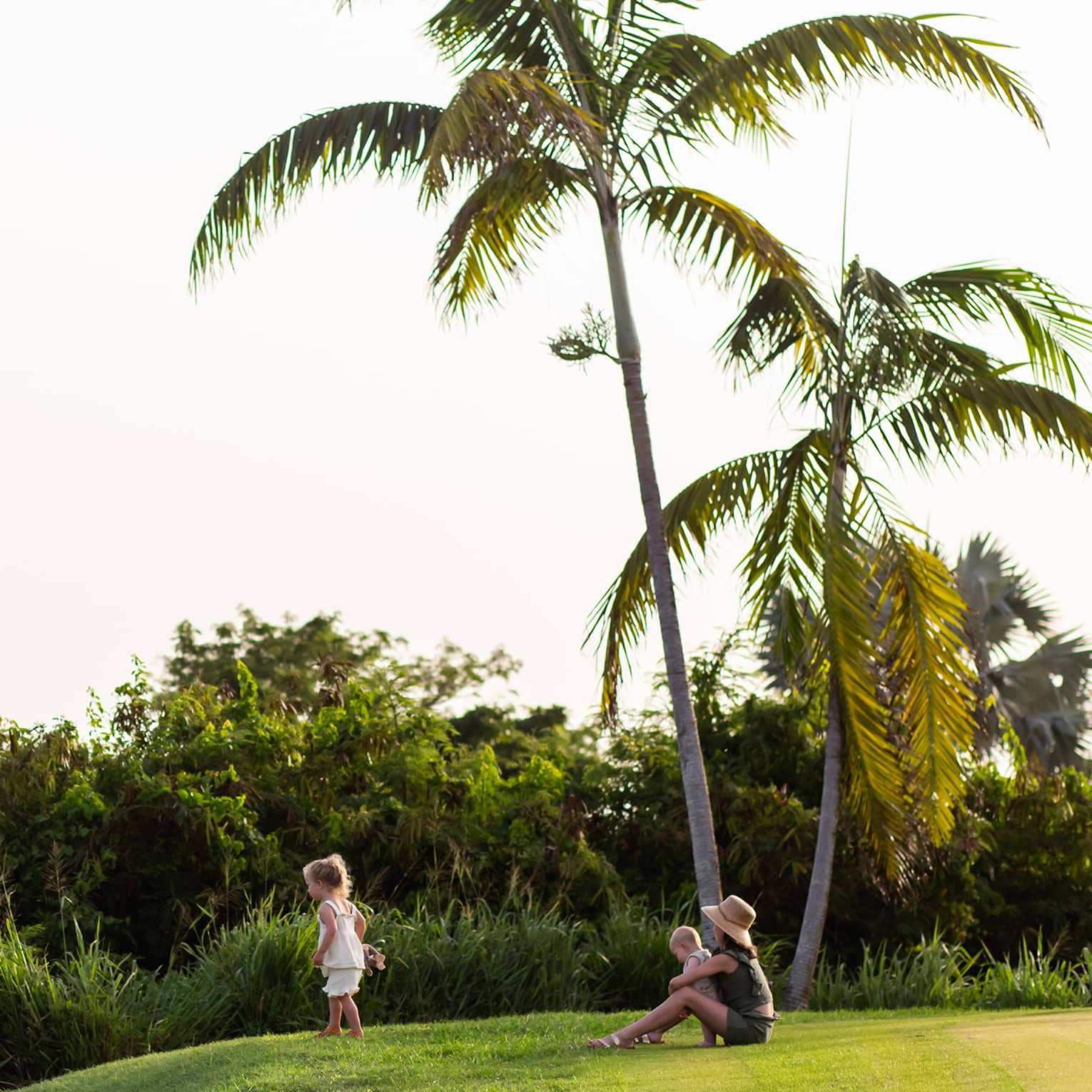 An adult and two small children sit on the edge of a hillside golf course overlooking palm trees and jungle