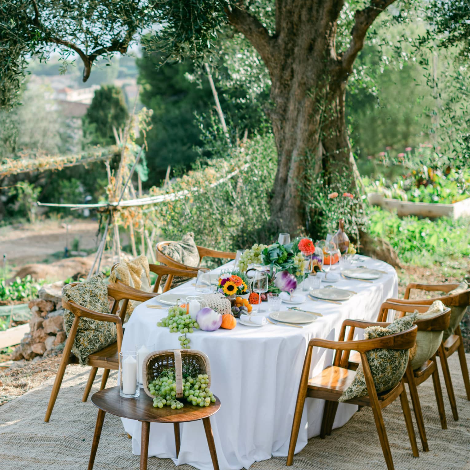 Garden dining setup with oval table draped in white and garden bounty down centre, and six chairs with pillows