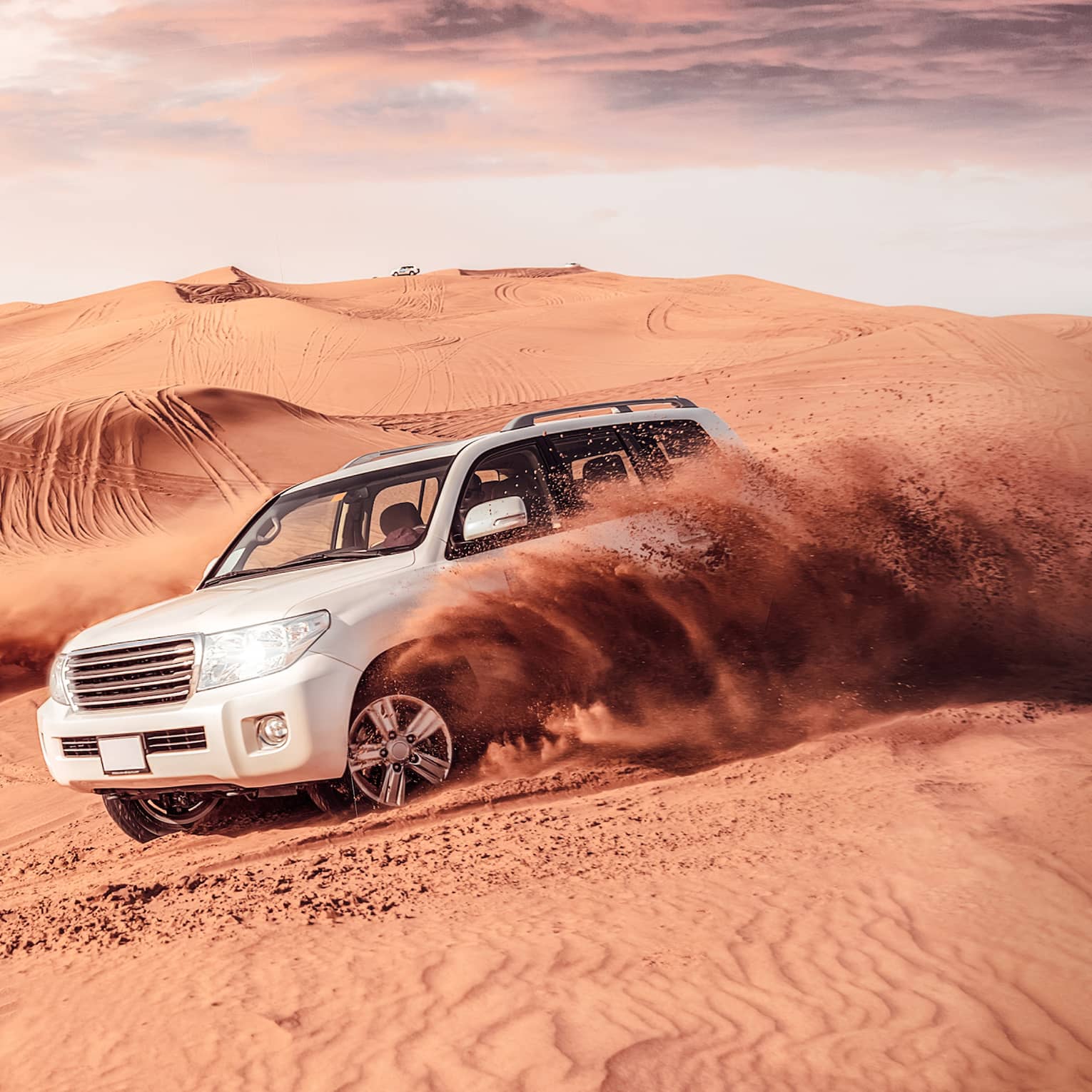 Sand flies from tires of two white SUV's driving across dunes