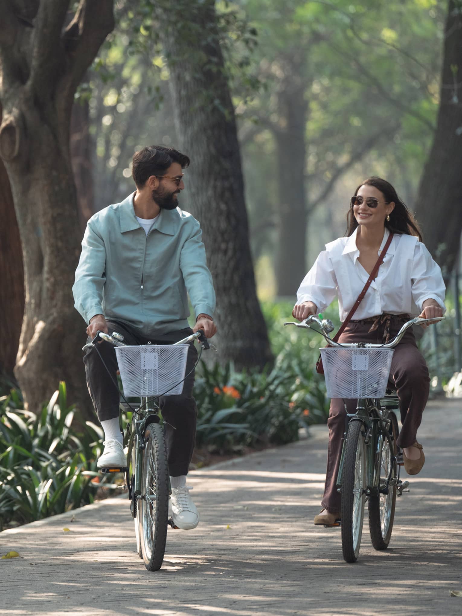 Two people ride bicycles down a tree-lined street.