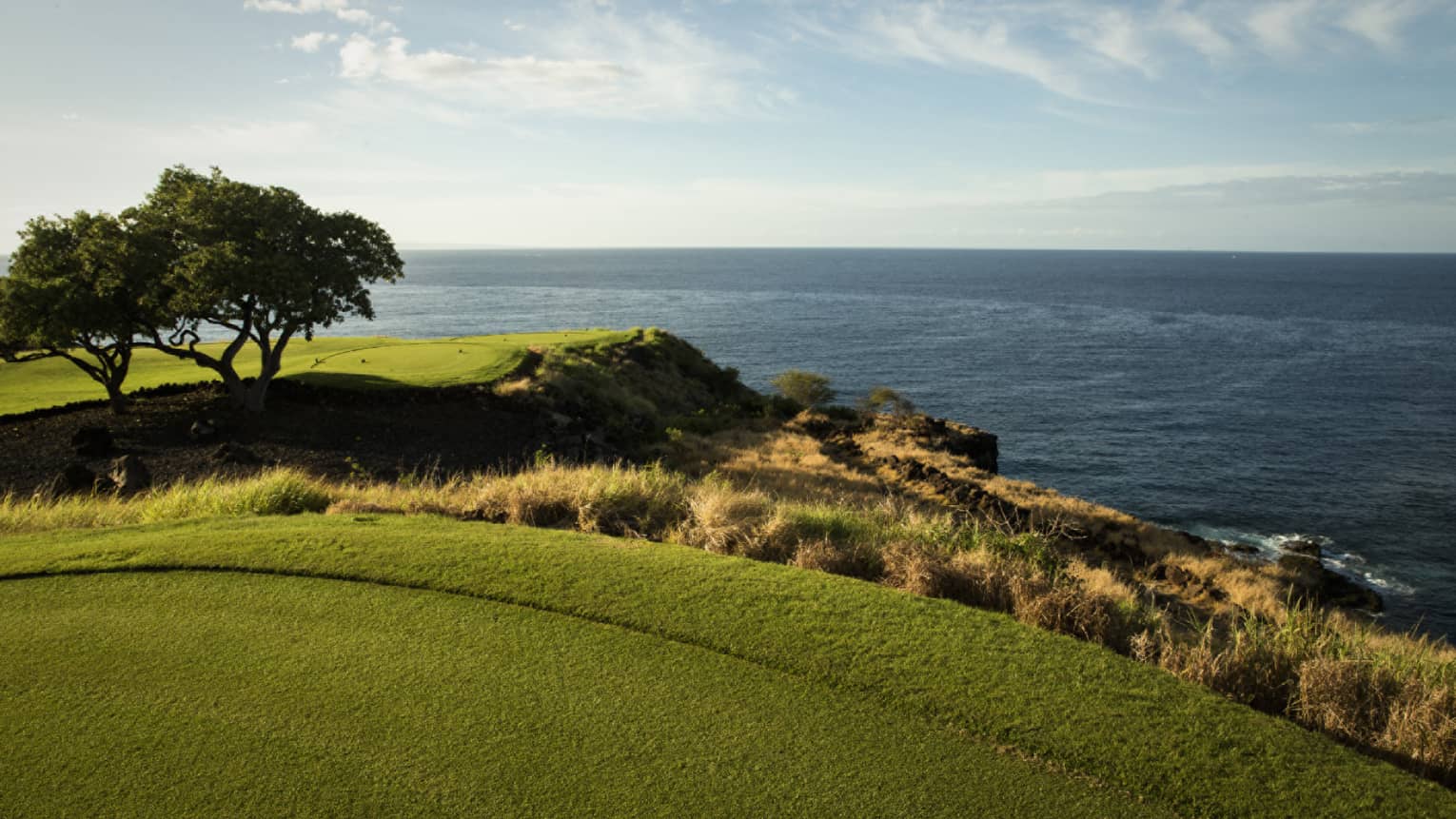 View from a manicured golf course set atop a coastline with grassy outcroppings and rocks below, ocean and clear sky beyond.