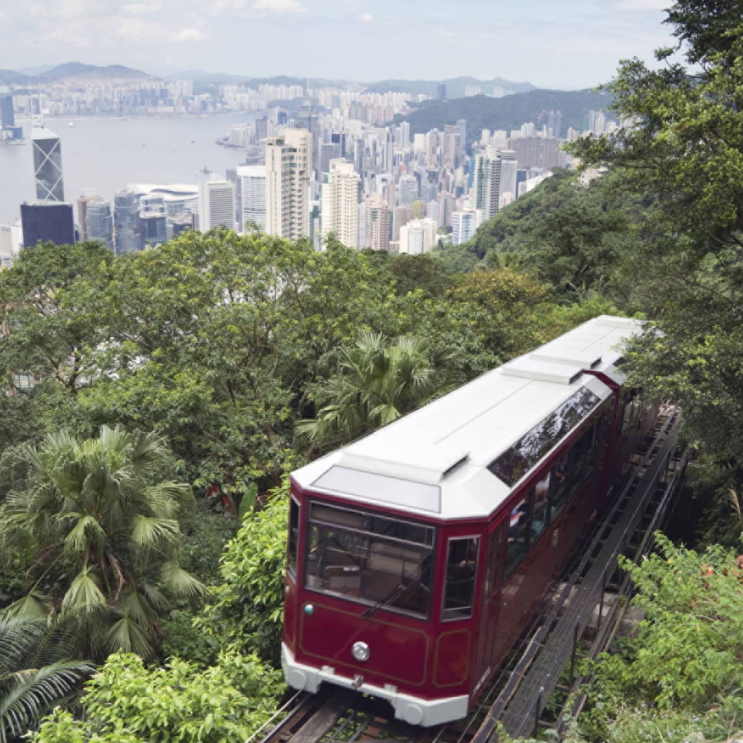 The red Peak Tram ascends a lush, green hillside with a sprawling cityscape in the background. Tall skyscrapers rise into the skyline under a cloudy sky.