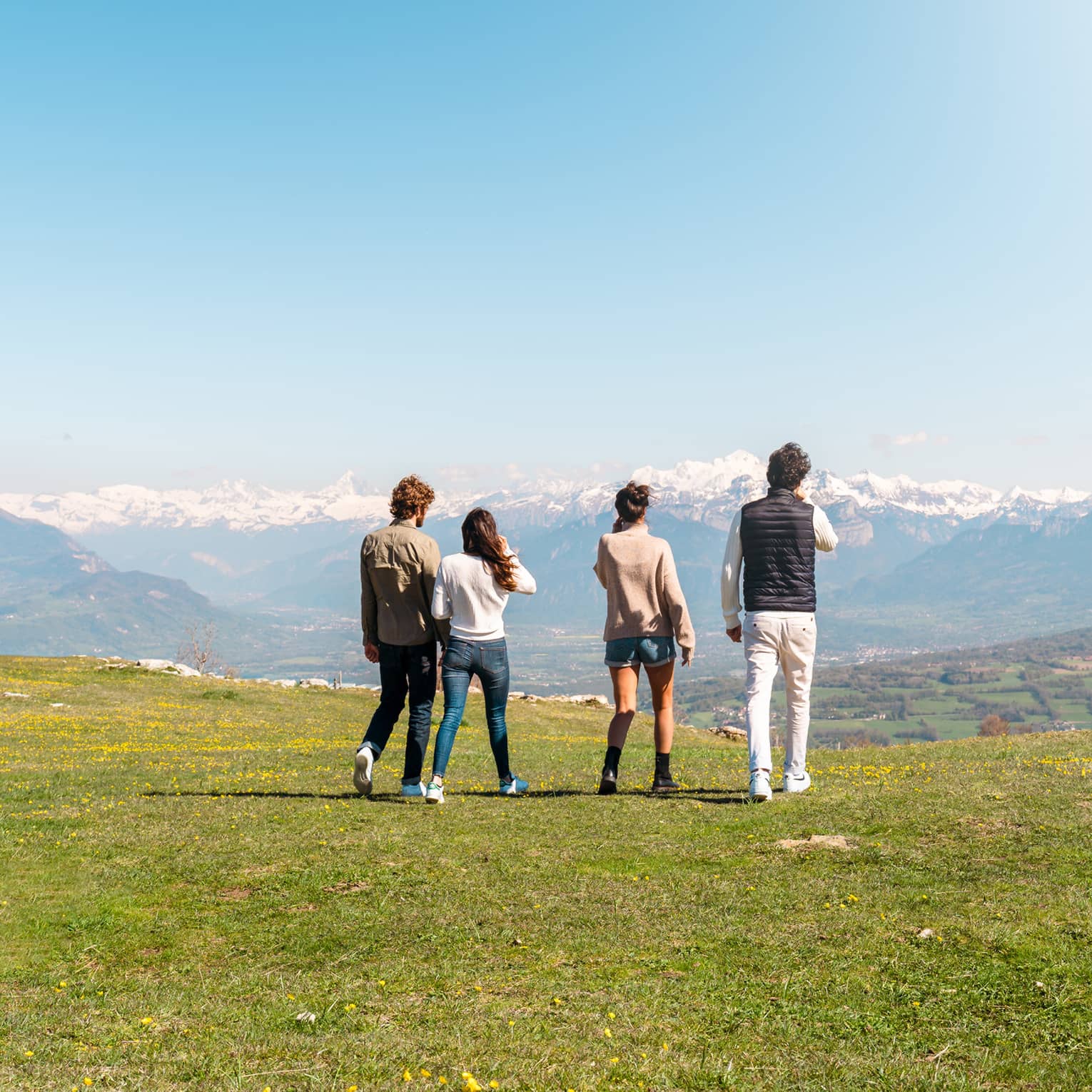 Rear view of four friends standing on a mountaintop looking at snow-capped mountains